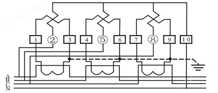 DTSX238型三相四线电子式电能表经电流互感器接线图