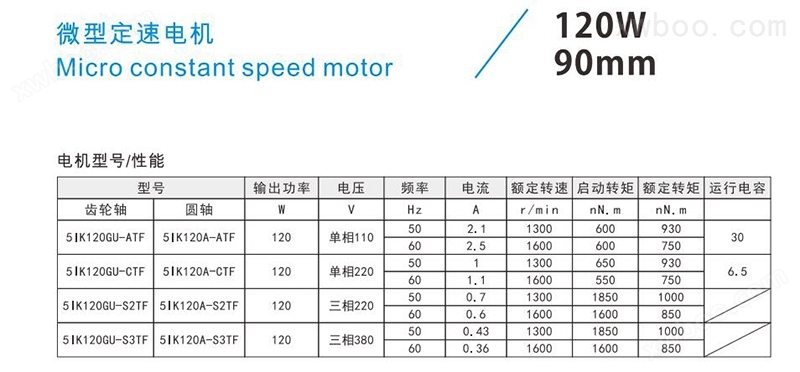 120W90mm微型定速电机型号及性能参数